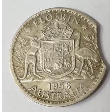 AUSTRALIA 1958 . FLORIN . ERROR . CLIPPED BITTEN EDGE